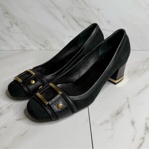 Tory Burch Meredith Black Suede Patent Leather Gold Block Heels